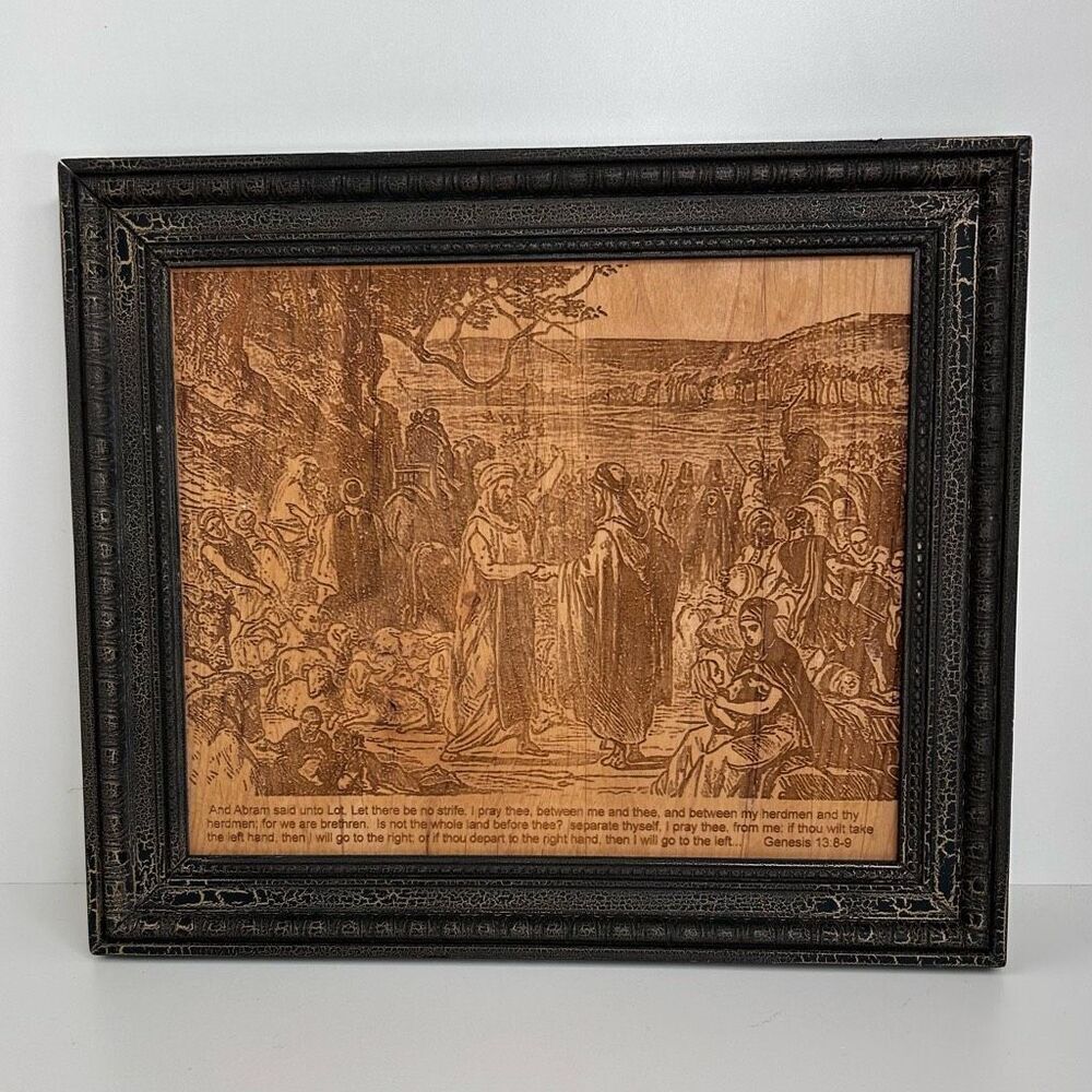 Handmade Wood Burned Artwork 14” X 12 1/4” Brown Wall Framed Bible Scene Signed
